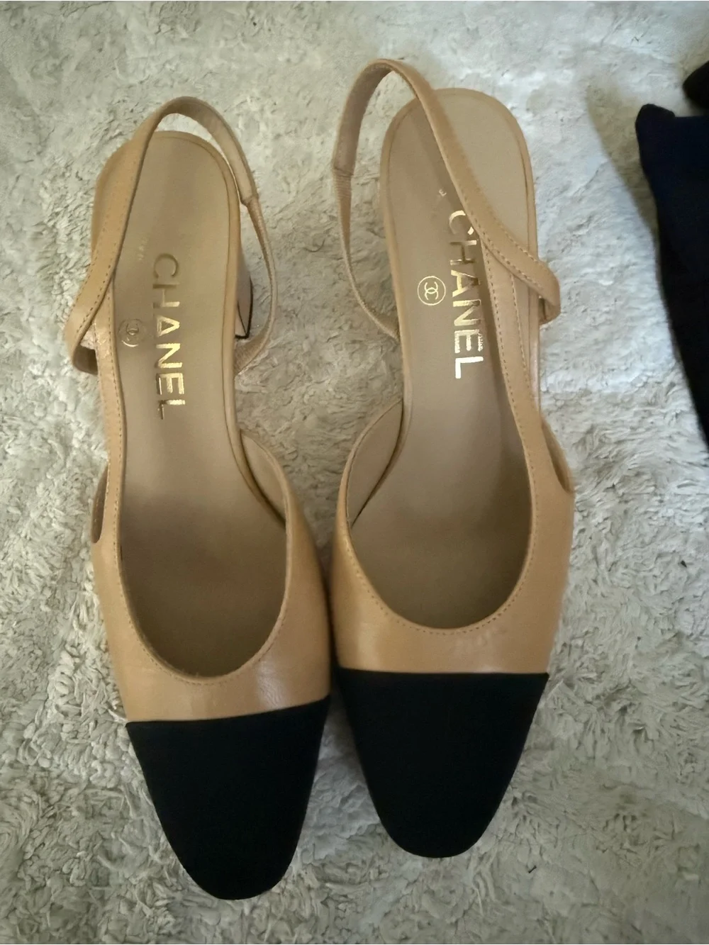CHANEL Beige and Black Two-Tone Slingback Mules